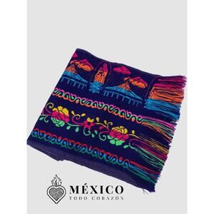 Mexican Rebozo  Cambaya Design, red green white Pattern with Fringe, 77 x 9 in